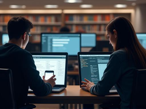 Students using computers in university library - representing administrative systems
